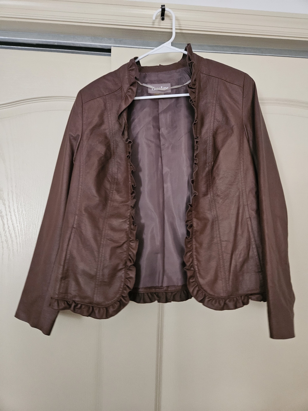 TanJay Brown Ruffled Faux Leather Jacket